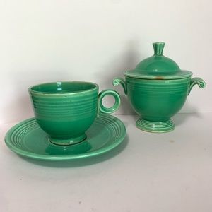 Vintage Fiesta green teacup, saucer, and sugar